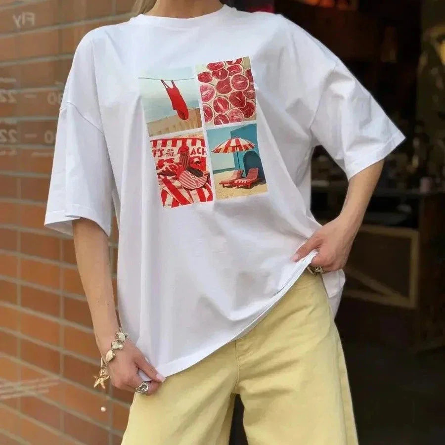 Retro Style Cotton Graphic Tops Cartoon INS Style Street Loose Summer Vacation Unisex T-shirt, Sweatshirt, Hoodie, Long Sleeve Tee - T-Shirt, Sweatshirt, Hoodie