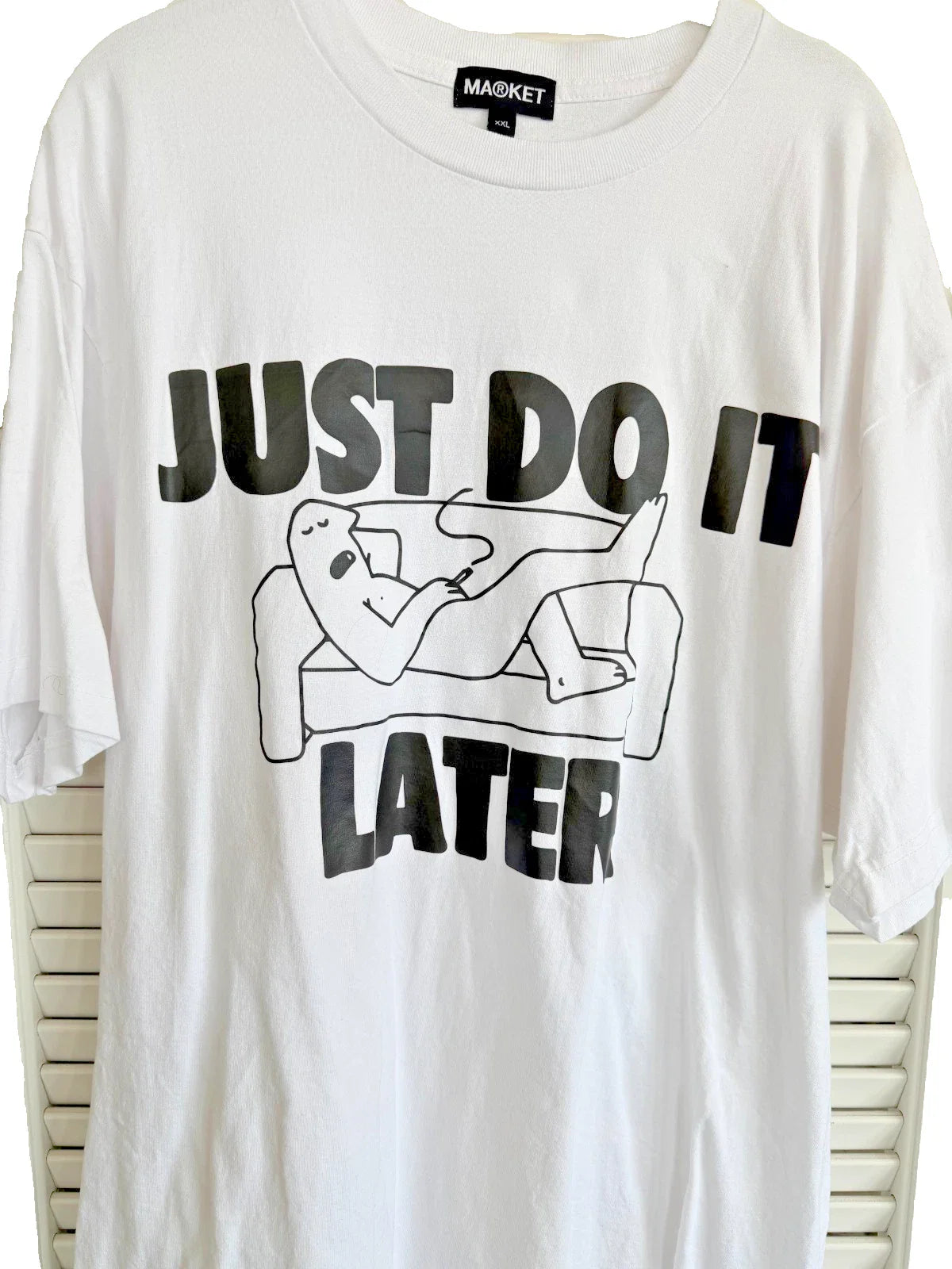 Market Studios "Just Do It Later" Graphic Tee White XXL Streetwear Parody Humor Unisex T-shirt, Sweatshirt, Hoodie, Long Sleeve Tee - T-Shirt, Sweatshirt, Hoodie