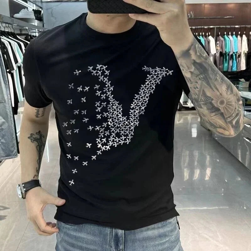 New Men Luxury Diamond Fashion Rhinestones Fashion T-Shirt High Quality 4 Colors Unisex T-shirt, Sweatshirt, Hoodie, Long Sleeve Tee - T-Shirt, Sweatshirt, Hoodie