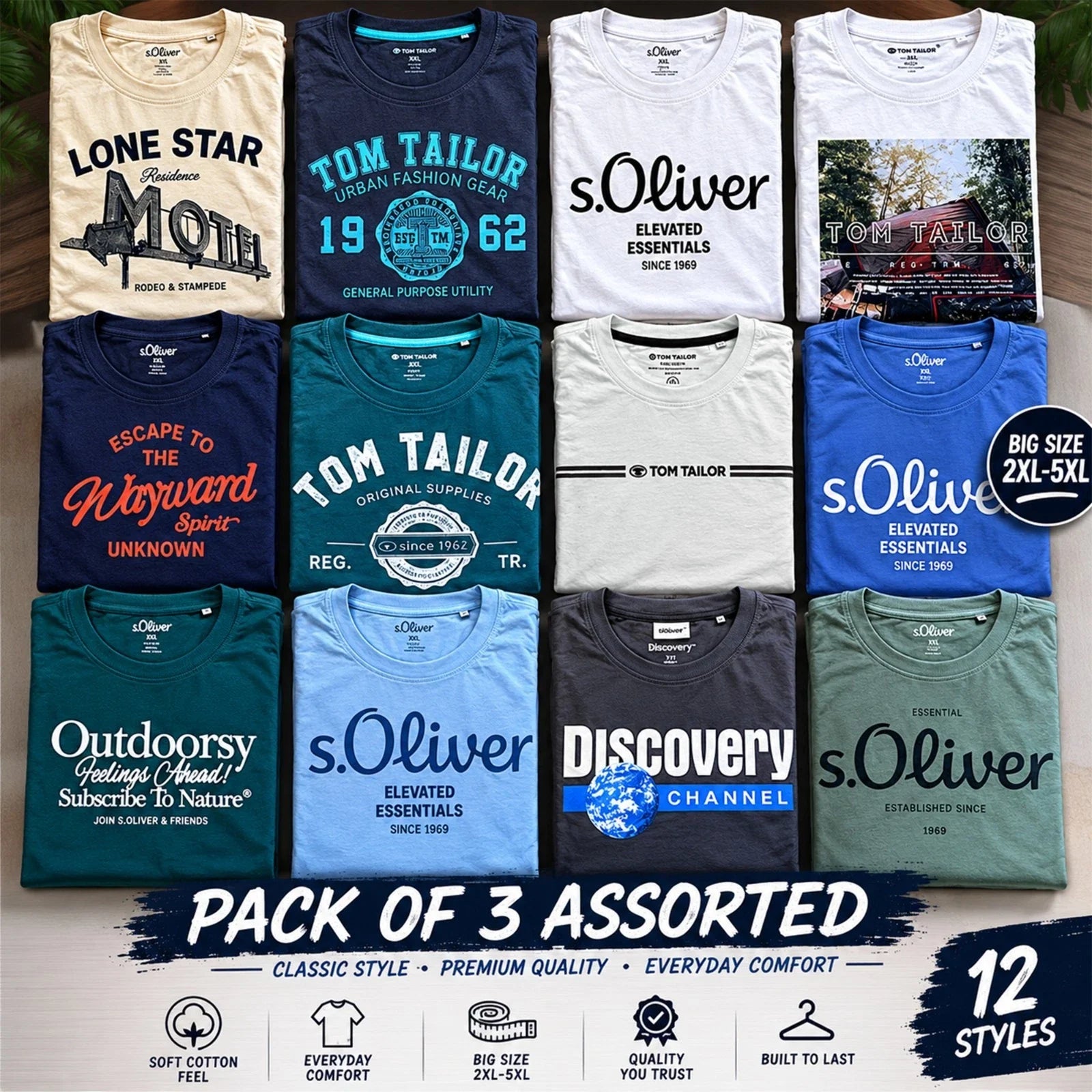 Mens Printed T-Shirts Pack of 3 Assorted Mixed Brand 100% Cotton Big Tee 2XL-5XL Unisex T-shirt, Sweatshirt, Hoodie, Long Sleeve Tee - T-Shirt, Sweatshirt, Hoodie