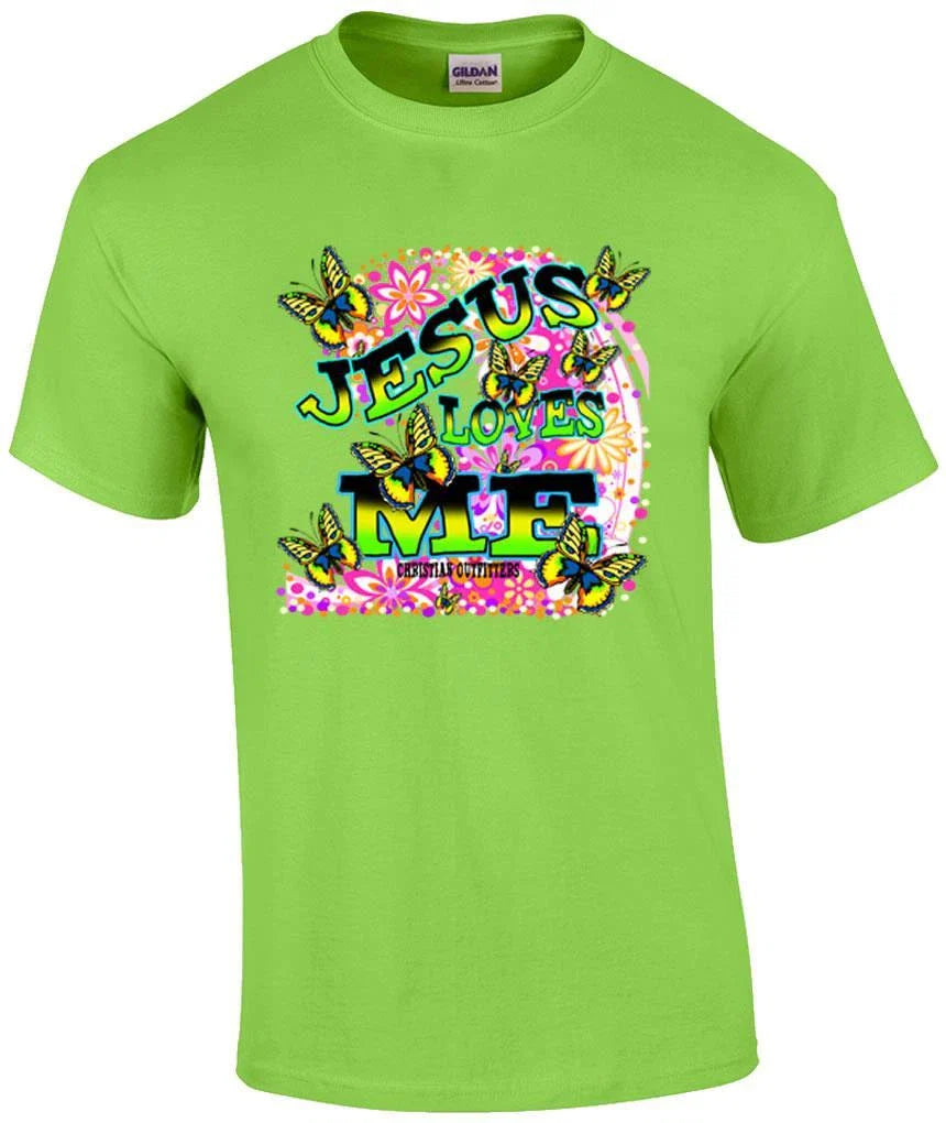 Christian Neon Jesus Loves Me Butterfly Inspirational T-Shirt Unisex T-shirt, Sweatshirt, Hoodie, Long Sleeve Tee - T-Shirt, Sweatshirt, Hoodie