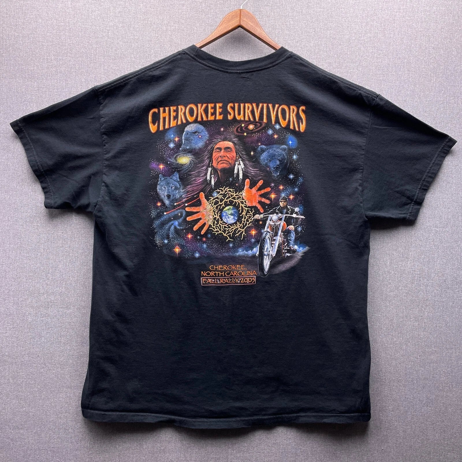 Cherokee Survivors T Shirt Mens 2XL North Carolina Biker Rally Tribal Galaxy Y2K Unisex T-shirt, Sweatshirt, Hoodie, Long Sleeve Tee - T-Shirt, Sweatshirt, Hoodie