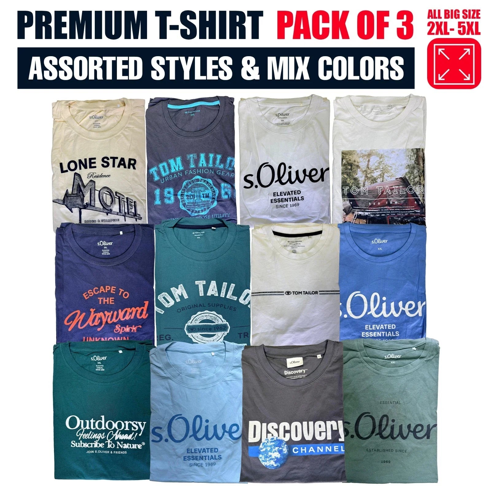 Men's Big Size Printed T-Shirts 100% Cotton Pack of 3 Assorted Brand Top 2XL-5XL Unisex T-shirt, Sweatshirt, Hoodie, Long Sleeve Tee - T-Shirt, Sweatshirt, Hoodie