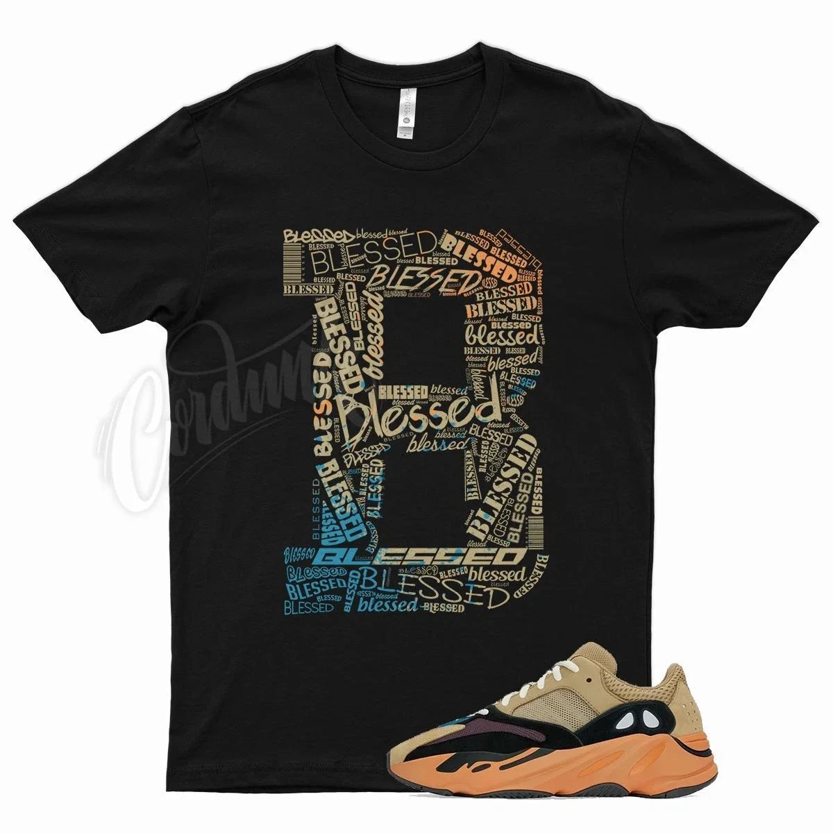 Black BLESSED T Shirt for YZ Boost 700 Enflame Amber V1 Orange Blue Brown Unisex T-shirt, Sweatshirt, Hoodie, Long Sleeve Tee - T-Shirt, Sweatshirt, Hoodie