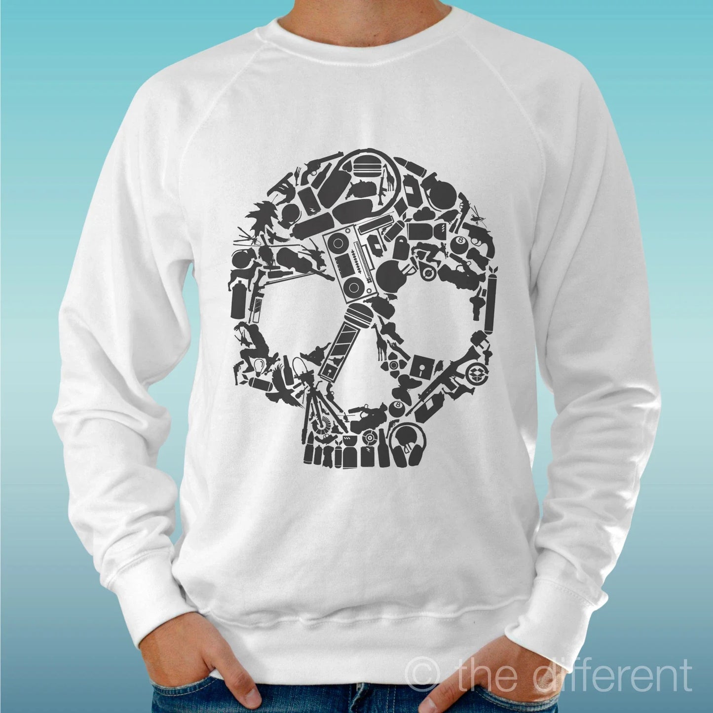 Felpa Man Light Sweater White " Skull Lines Draw Music " Road To Happiness Unisex T-shirt, Sweatshirt, Hoodie, Long Sleeve Tee - T-Shirt, Sweatshirt, Hoodie