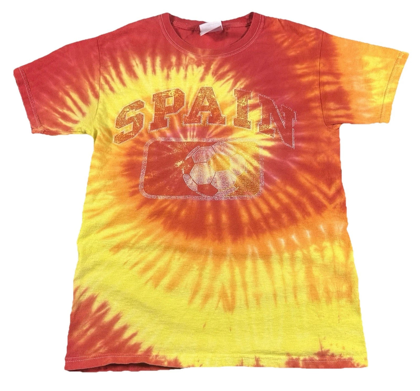 Y2K Spain Tie Dye Red Yellow Soccer Ball Graphic T Shirt Size S Hanes Soccer Tee Unisex T-shirt, Sweatshirt, Hoodie, Long Sleeve Tee - T-Shirt, Sweatshirt, Hoodie