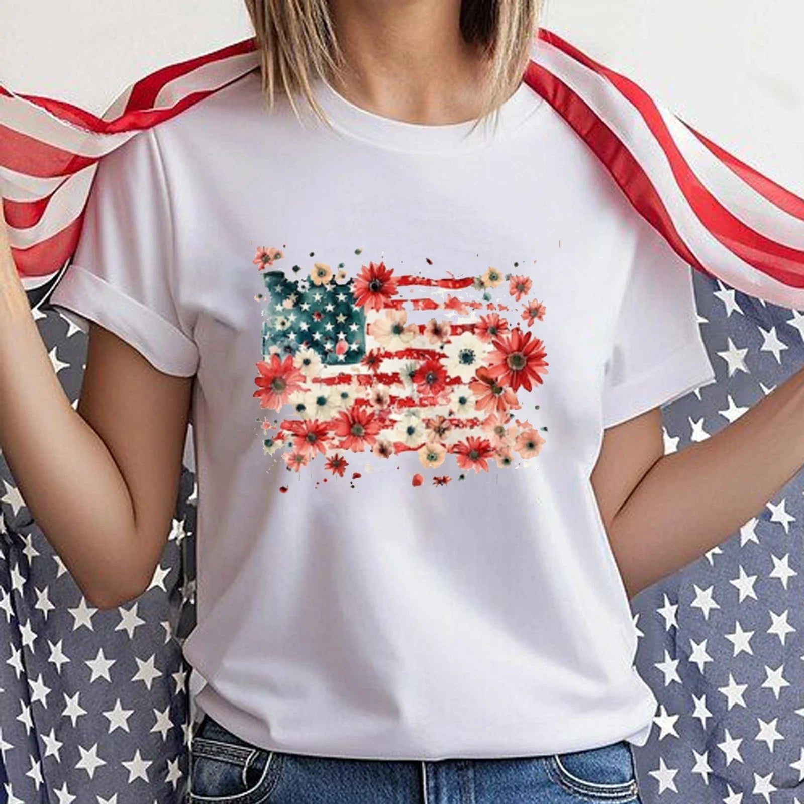 Floral American Flag Shirt, Patriotic 4th of July Tee, 250th Anniversary Tee Unisex T-shirt, Sweatshirt, Hoodie, Long Sleeve Tee - T-Shirt, Sweatshirt, Hoodie