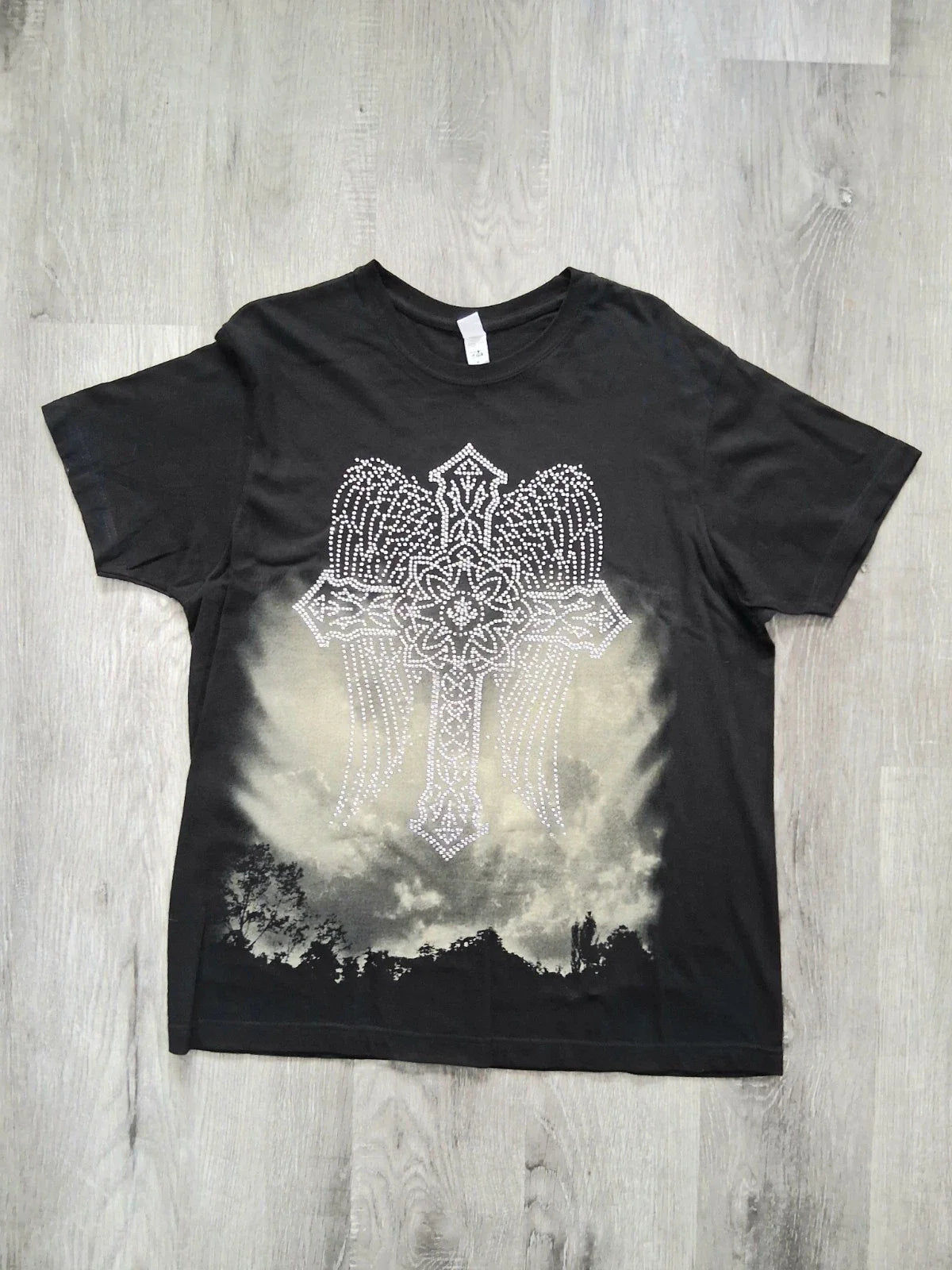 Y2K Vertex Apparel Men's Black Rhinestone Cross Graphic Short Sleeve T-Shirt Unisex T-shirt, Sweatshirt, Hoodie, Long Sleeve Tee - T-Shirt, Sweatshirt, Hoodie