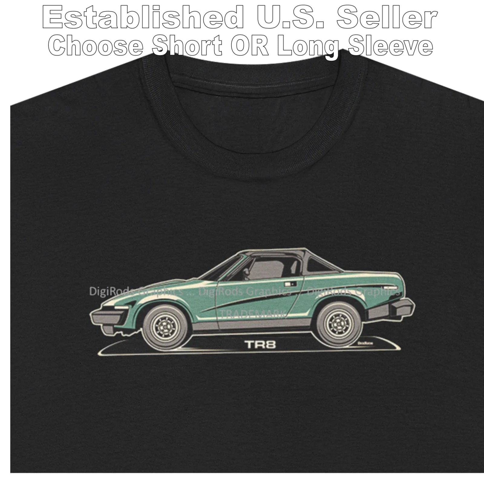 DigiRods Triumph TR8 TR 8 V8 Convertible Model Tonal Cartoon Car Black T Shirt Unisex T-shirt, Sweatshirt, Hoodie, Long Sleeve Tee - T-Shirt, Sweatshirt, Hoodie
