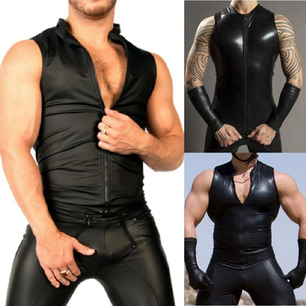 Men's Fashionable Shiny Leather Sleeveless Zip T shirt for Clubs and Events Unisex T-shirt, Sweatshirt, Hoodie, Long Sleeve Tee - T-Shirt, Sweatshirt, Hoodie