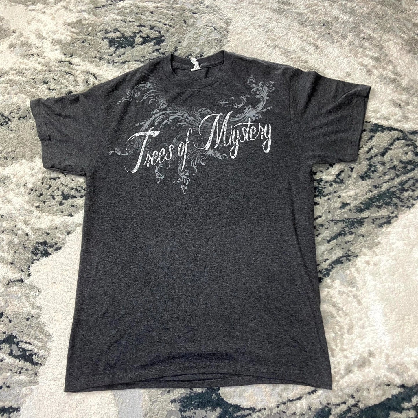Vintage Y2K Grunge Trees of Mystery T Shirt Size Medium Gray Graphic AOP Logo Unisex T-shirt, Sweatshirt, Hoodie, Long Sleeve Tee - T-Shirt, Sweatshirt, Hoodie