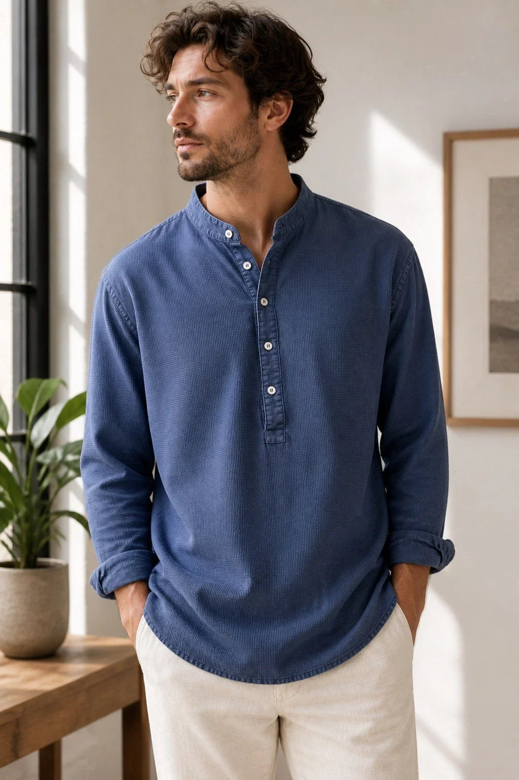 House of St Clair Shirt L Blue Henley Long Sleeve Cotton Waffle USA Unisex T-shirt, Sweatshirt, Hoodie, Long Sleeve Tee - T-Shirt, Sweatshirt, Hoodie