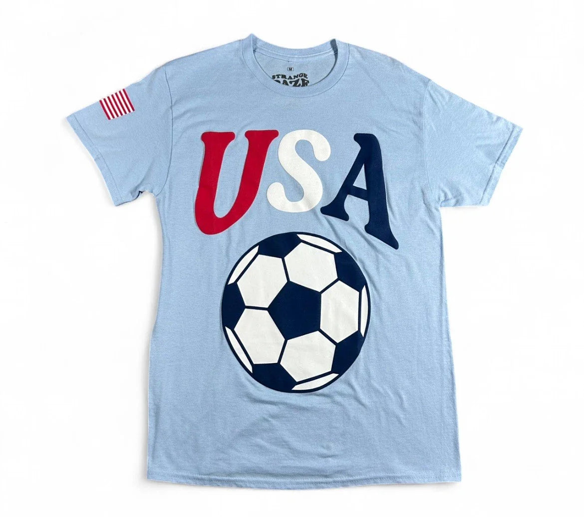 STRANGE DAZE USA SOCCER BALL BABY BLUE PUFF PRINT T-SHIRT Unisex T-shirt, Sweatshirt, Hoodie, Long Sleeve Tee - T-Shirt, Sweatshirt, Hoodie