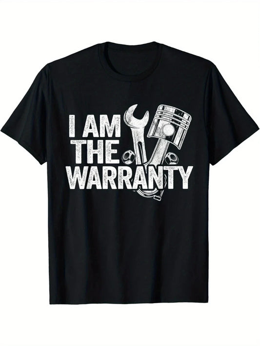 1pc Mechanic Humor Cotton T-Shirt, Geometric-Patterned "I Am The Warranty" Print Unisex T-shirt, Sweatshirt, Hoodie, Long Sleeve Tee - T-Shirt, Sweatshirt, Hoodie