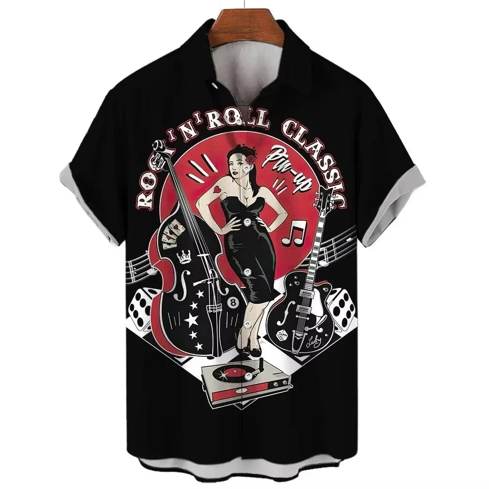 Mens Button Down Rock N Roll Pinup Girl Hawaiian Top Novelty Holiday Gift Shirt Unisex T-shirt, Sweatshirt, Hoodie, Long Sleeve Tee - T-Shirt, Sweatshirt, Hoodie