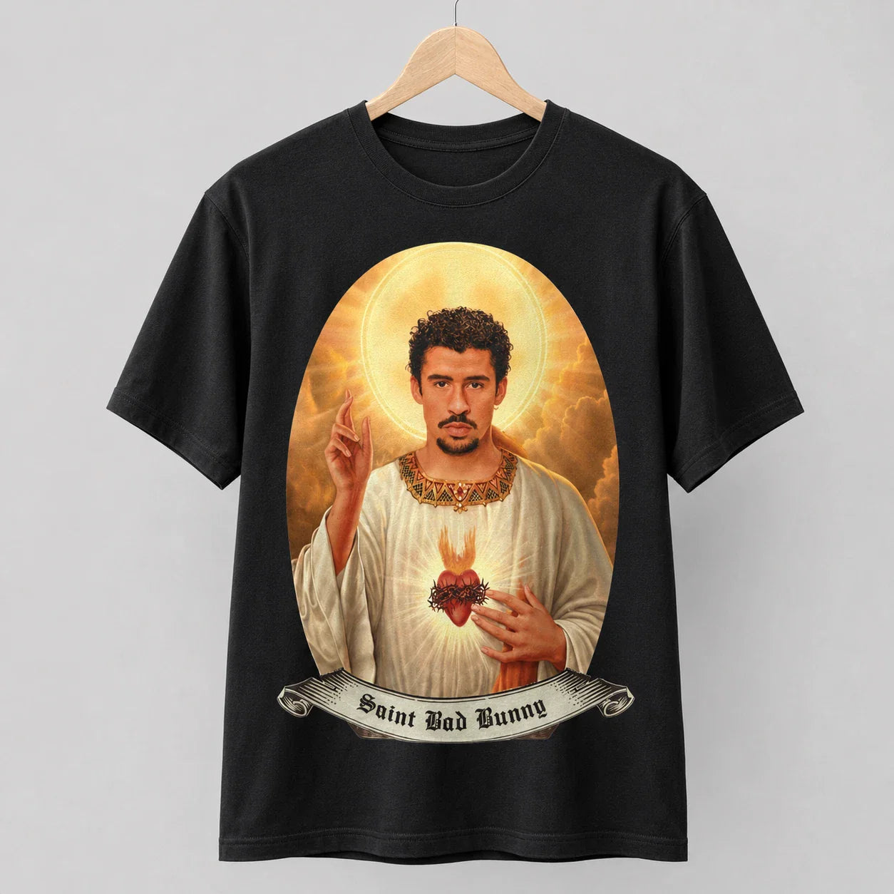 Bad Bunny T-Shirt Santo Meme Ironic T-Shirt Fan Art Men Women Unisex T-shirt, Sweatshirt, Hoodie, Long Sleeve Tee - T-Shirt, Sweatshirt, Hoodie