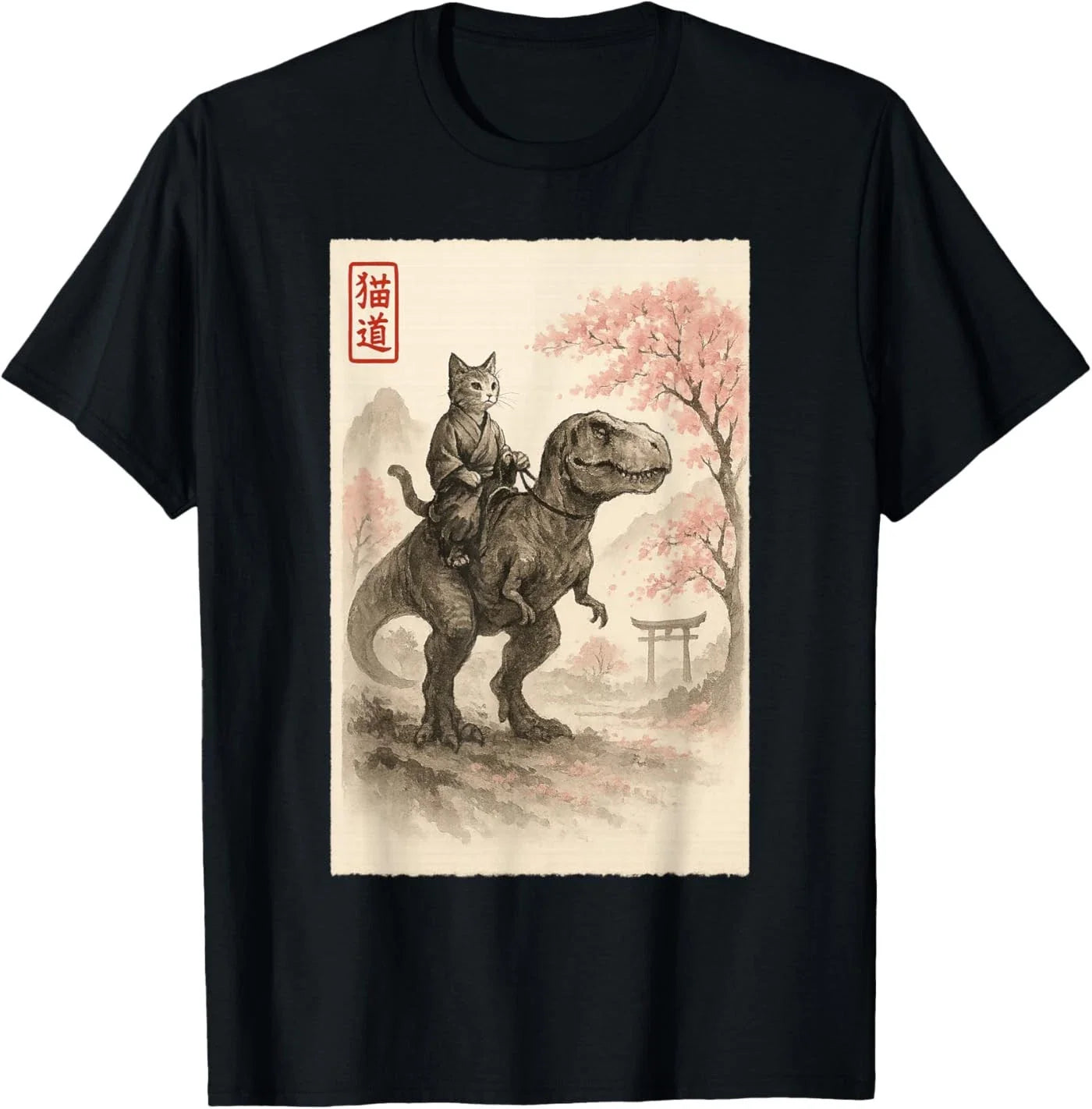 Funny Sumi-e Kawaii Cat Riding Dinosaur Japanese Art T-Shirt Unisex T-shirt, Sweatshirt, Hoodie, Long Sleeve Tee - T-Shirt, Sweatshirt, Hoodie