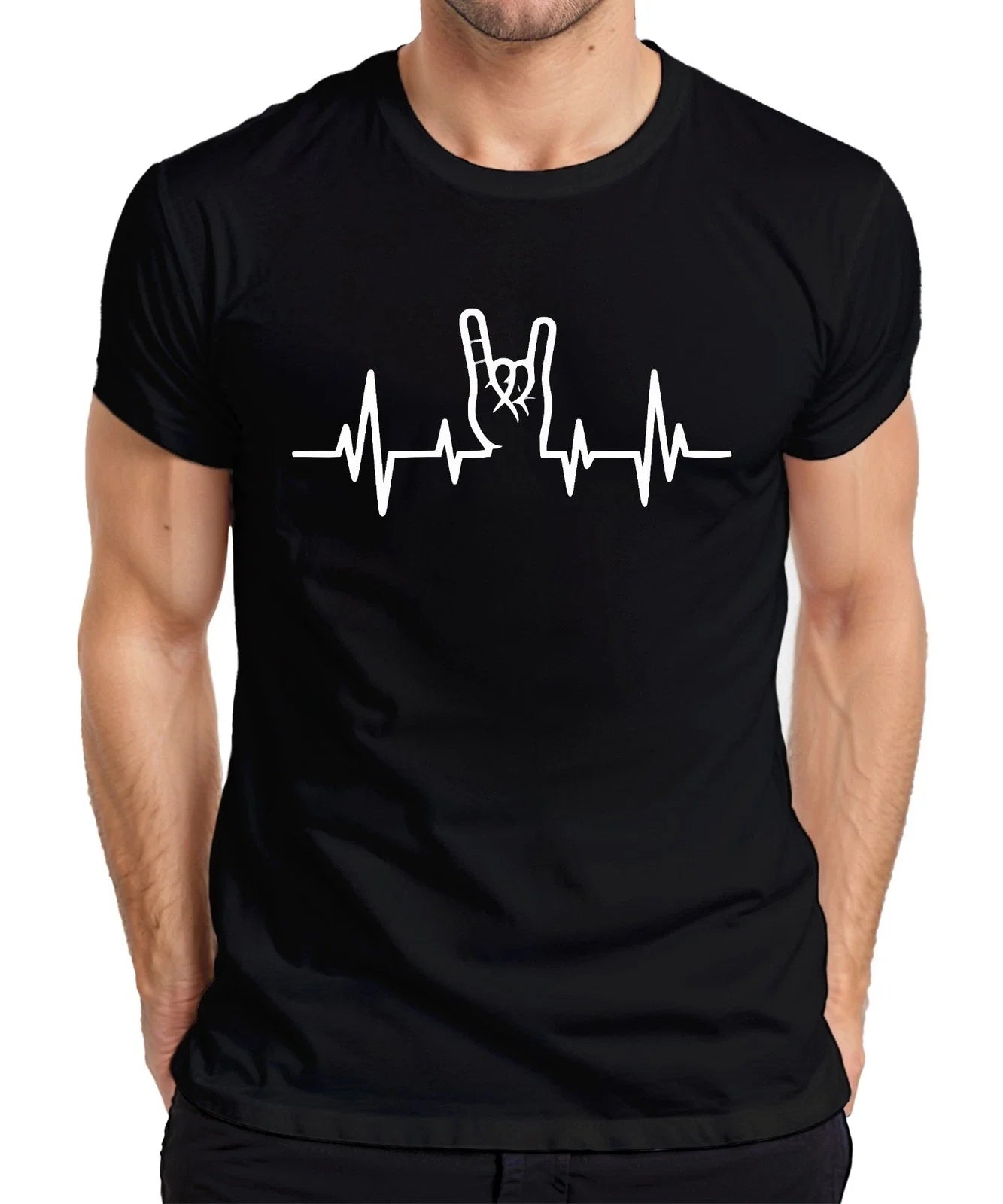 Heartbeat ECG Rock Hand Sign Metal Concert Musician Heavy Metal Men's T-Shirt Unisex T-shirt, Sweatshirt, Hoodie, Long Sleeve Tee - T-Shirt, Sweatshirt, Hoodie