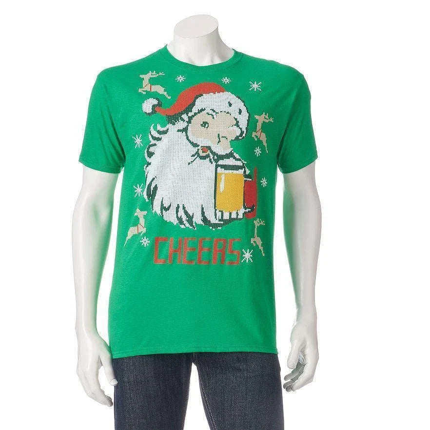 Holiday Party Men's Santa Cheers with a Beer T-Shirt NWT Green Funny Holidays Unisex T-shirt, Sweatshirt, Hoodie, Long Sleeve Tee - T-Shirt, Sweatshirt, Hoodie