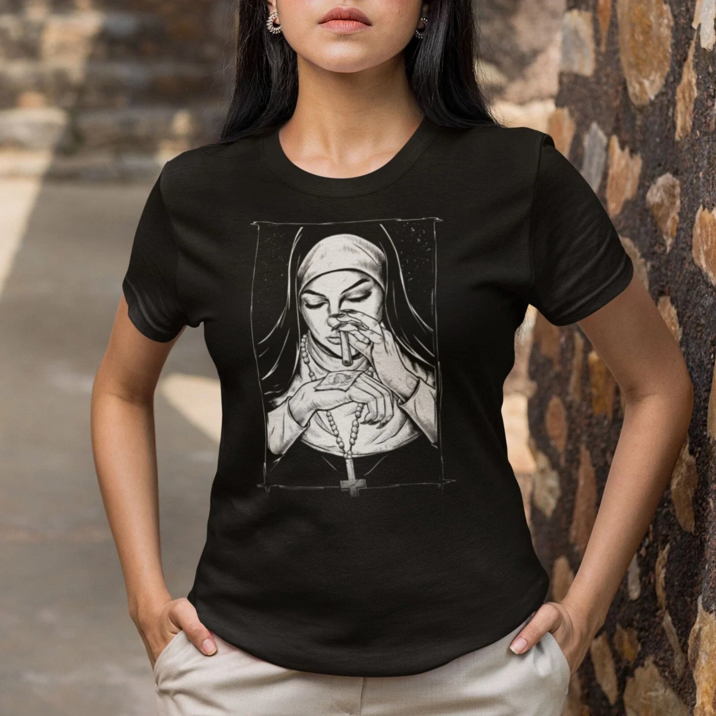 Unholy Gangsta Nun T-Shirt Printed Dark Style Design Bad Nun Smoking Gift Top Unisex T-shirt, Sweatshirt, Hoodie, Long Sleeve Tee - T-Shirt, Sweatshirt, Hoodie