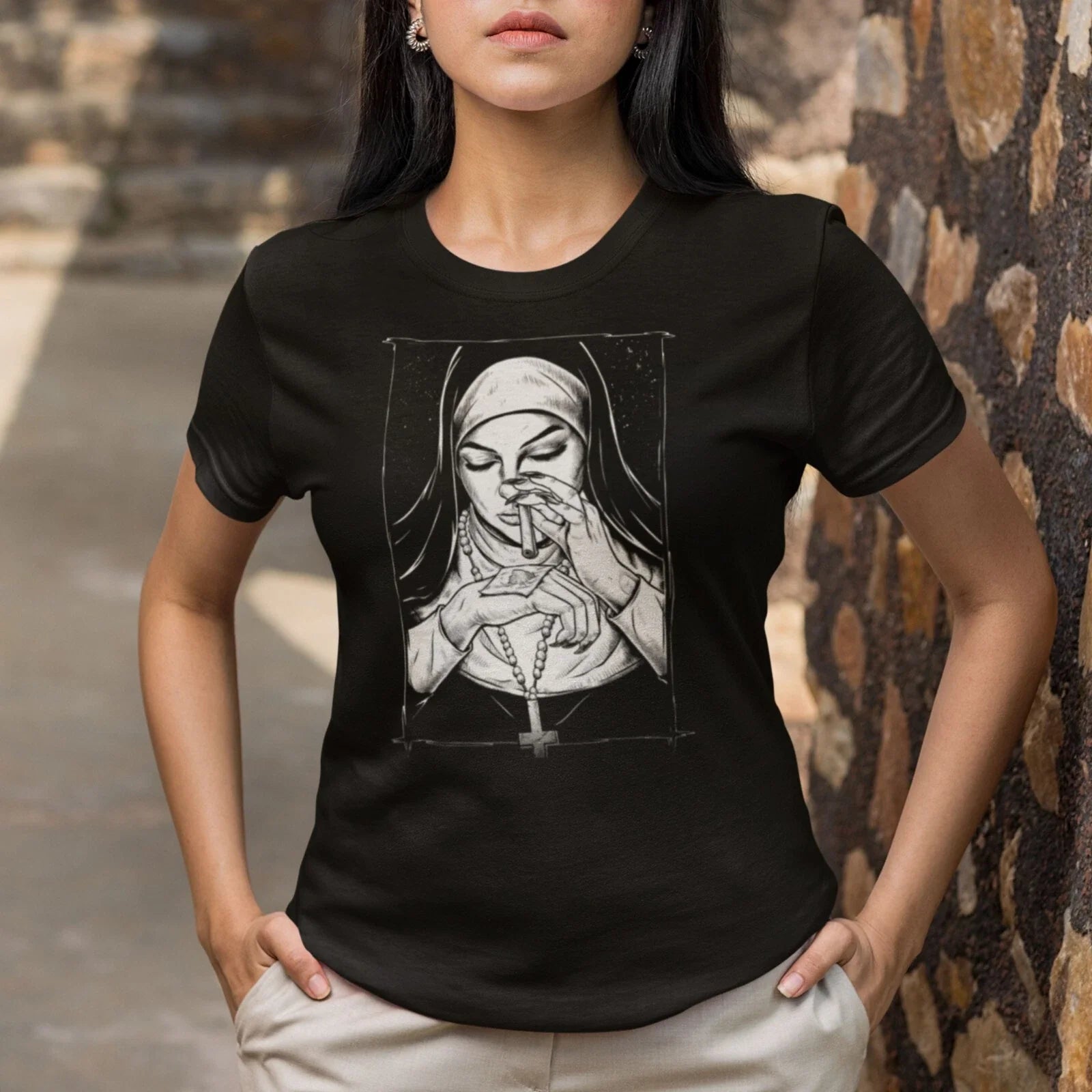 Unholy Gangsta Nun T-Shirt Printed Dark Style Design Bad Nun Smoking Gift Top Unisex T-shirt, Sweatshirt, Hoodie, Long Sleeve Tee - T-Shirt, Sweatshirt, Hoodie