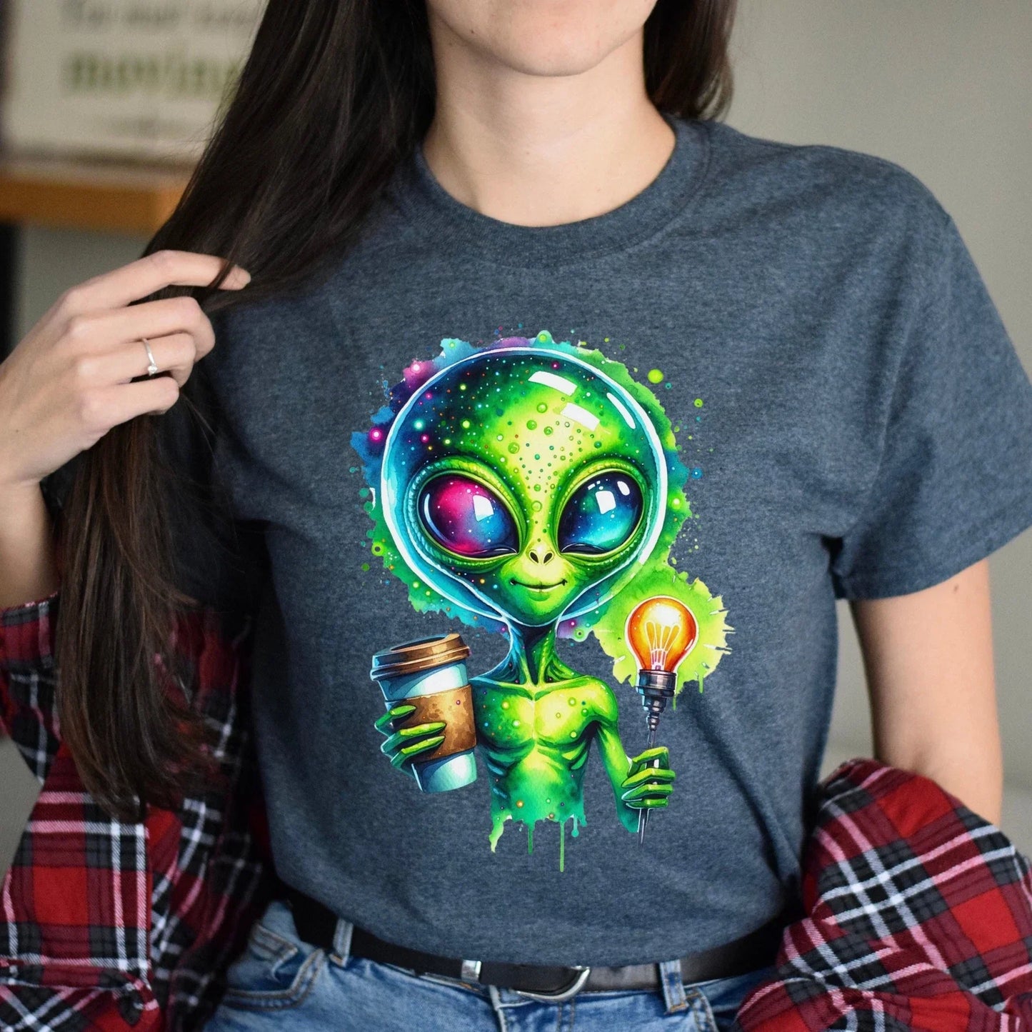 Cute alien with coffee Color Splash Unisex T-shirt Black Navy Dark Heather Unisex T-shirt, Sweatshirt, Hoodie, Long Sleeve Tee - T-Shirt, Sweatshirt, Hoodie