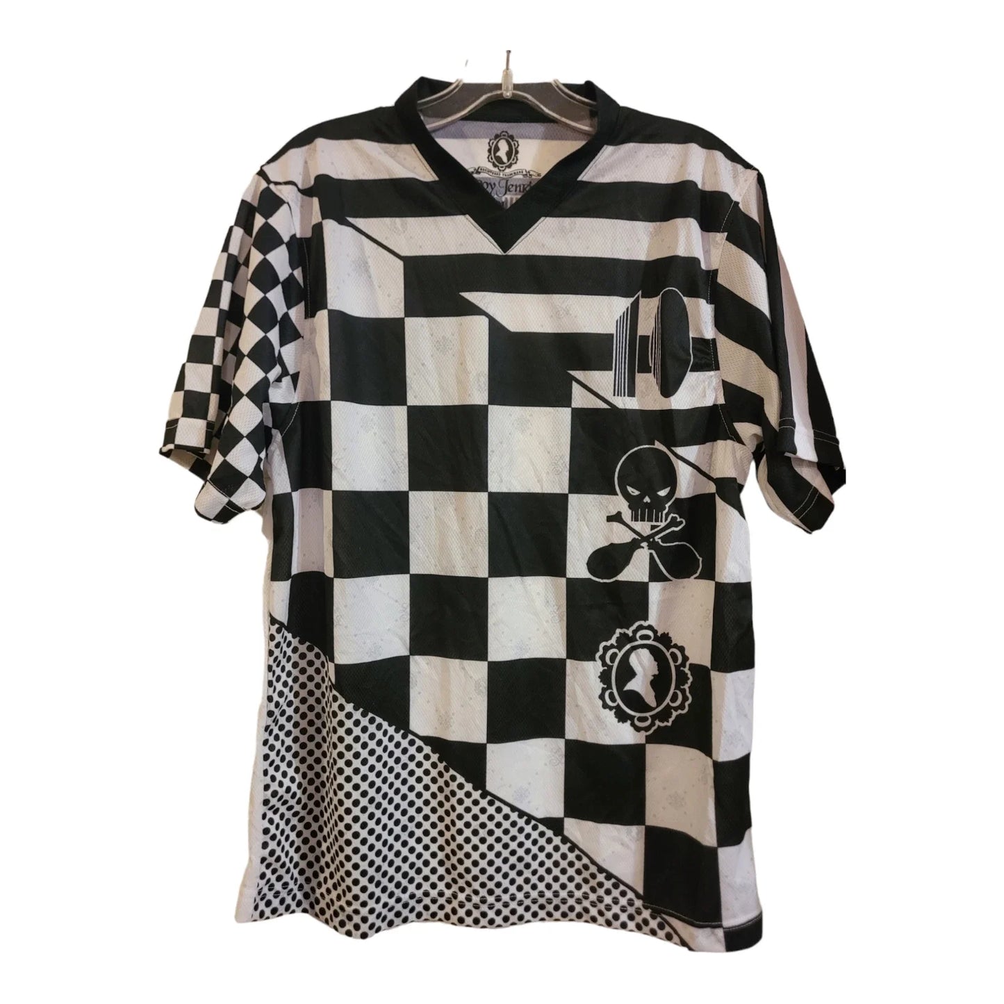 Vintage LEROY JENKINS Checkered Soccer Football Jersey M Black White tee Unisex T-shirt, Sweatshirt, Hoodie, Long Sleeve Tee - T-Shirt, Sweatshirt, Hoodie