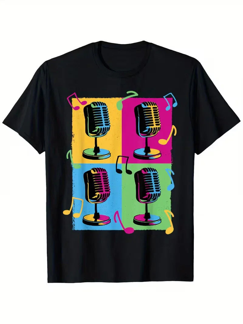 Men's Retro Pop Art Microphone Graphic T-Shirt - 100% Cotton, 180g Fabric Weight Unisex T-shirt, Sweatshirt, Hoodie, Long Sleeve Tee - T-Shirt, Sweatshirt, Hoodie
