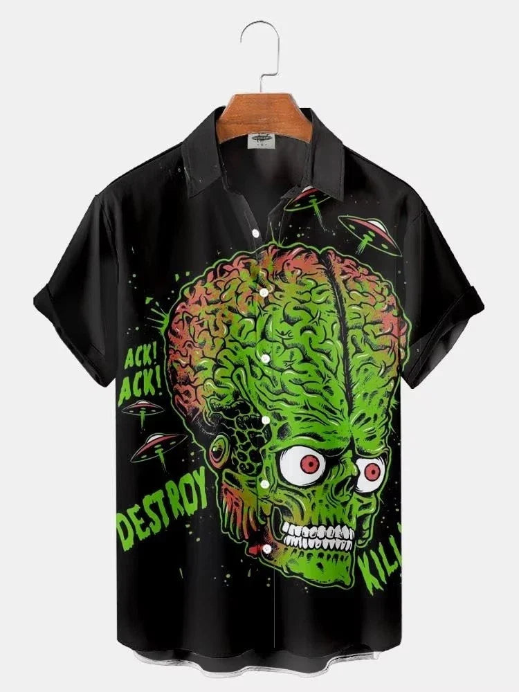 Mens Button Down Mars Attacks Green Alien Hawaiian Top Novelty Holiday Shirt Unisex T-shirt, Sweatshirt, Hoodie, Long Sleeve Tee - T-Shirt, Sweatshirt, Hoodie