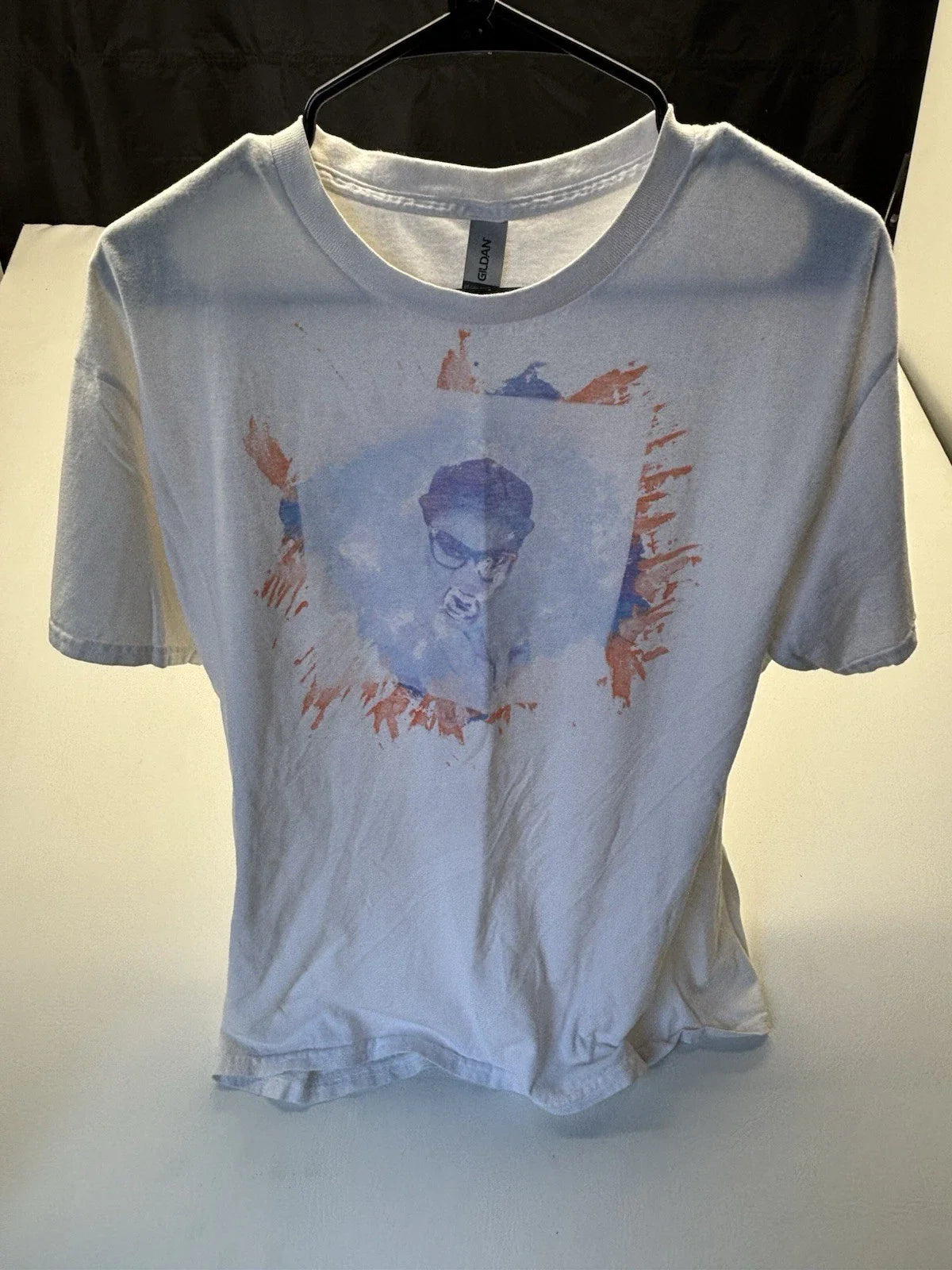 Y2K Mens Large White Graphic T-Shirt Blue Orange Abstract Portrait Art Tee Unisex T-shirt, Sweatshirt, Hoodie, Long Sleeve Tee - T-Shirt, Sweatshirt, Hoodie