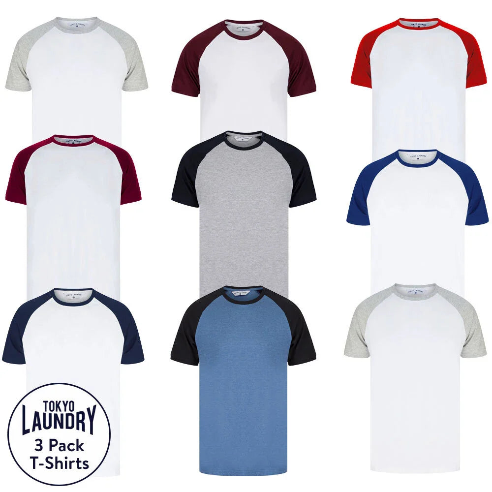 Tokyo Laundry Men's T-Shirt Multi Pack of 3 Raglan Sleeve Cotton Baseball Top Unisex T-shirt, Sweatshirt, Hoodie, Long Sleeve Tee - T-Shirt, Sweatshirt, Hoodie