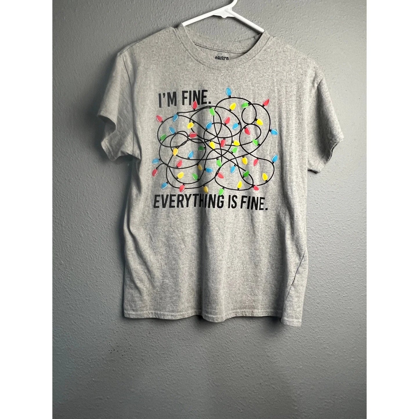 Brisco Brands Gray Im Fine Everything Is Fine Christmas Lights Novelty T-Shirt M Unisex T-shirt, Sweatshirt, Hoodie, Long Sleeve Tee - T-Shirt, Sweatshirt, Hoodie