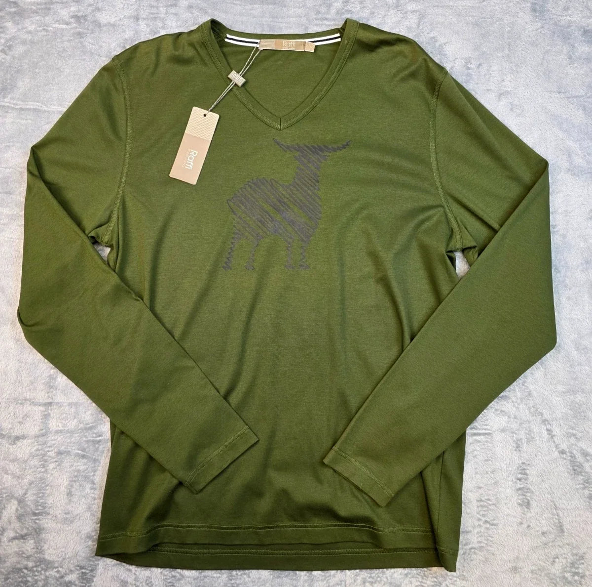 $75 New RAFFI Long Sleeve V-Neck Graphic T-Shirt Men LARGE L EU 52 Green Cotton Unisex T-shirt, Sweatshirt, Hoodie, Long Sleeve Tee - T-Shirt, Sweatshirt, Hoodie