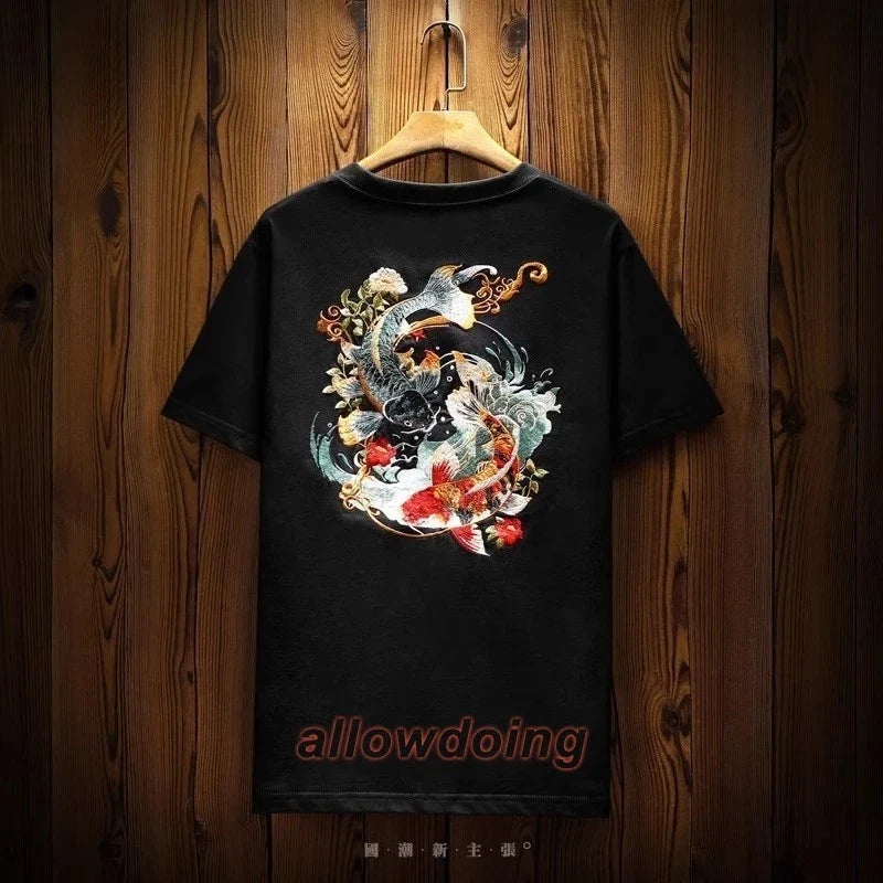Men Koi Carp Embroidery T-Shirt Cotton Japanese Style Short Sleeve Vintage Tee Unisex T-shirt, Sweatshirt, Hoodie, Long Sleeve Tee - T-Shirt, Sweatshirt, Hoodie