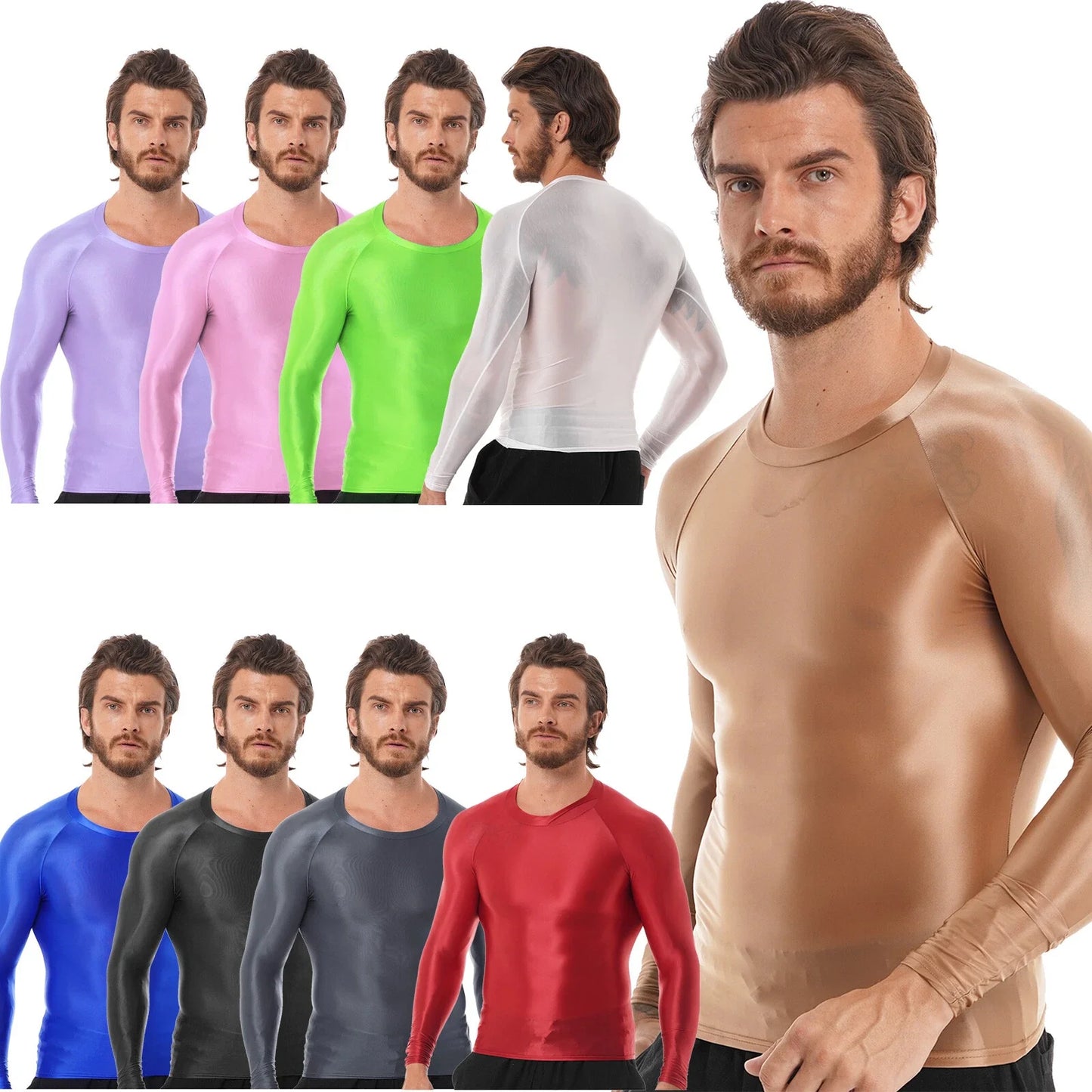 Mens Shiny Oil Long Sleeve T-Shirt Sports Tops Yoga Compression Workout Shirts Unisex T-shirt, Sweatshirt, Hoodie, Long Sleeve Tee - T-Shirt, Sweatshirt, Hoodie