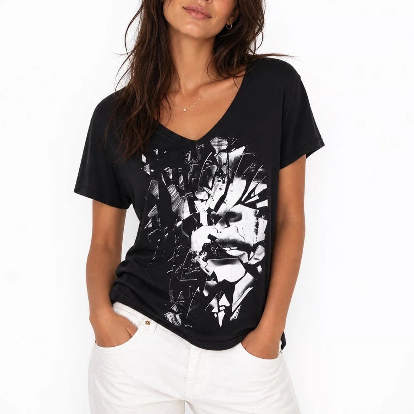 Black Cotton Shattered Glass Portrait Graphic Tee Scoop Neck XL Unisex T-shirt, Sweatshirt, Hoodie, Long Sleeve Tee - T-Shirt, Sweatshirt, Hoodie