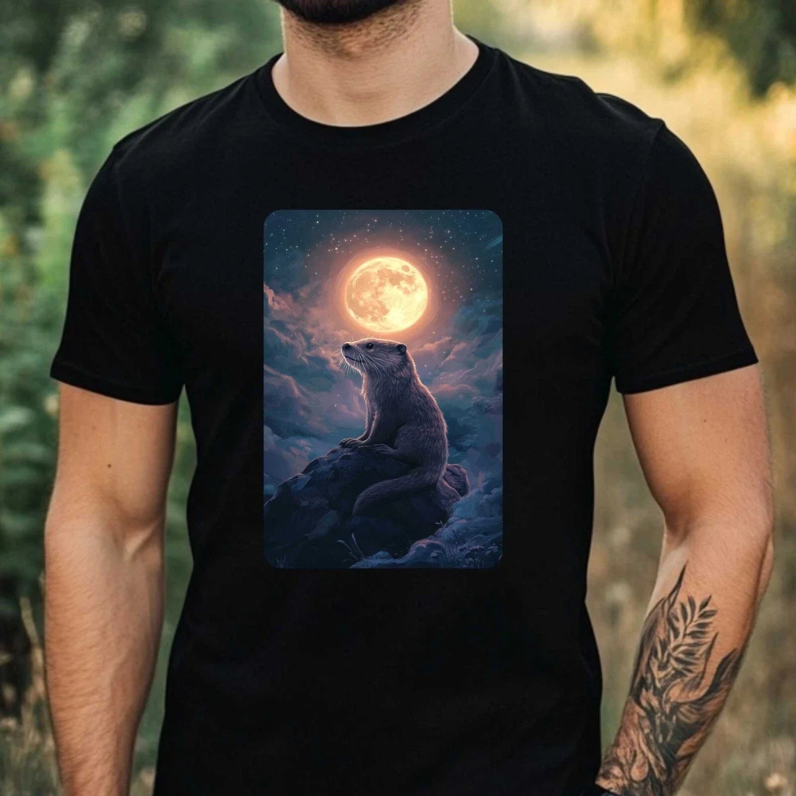 Mens Otter at Full Moon Motif Cotton T-Shirt Size XS to 5XL Unisex T-shirt, Sweatshirt, Hoodie, Long Sleeve Tee - T-Shirt, Sweatshirt, Hoodie