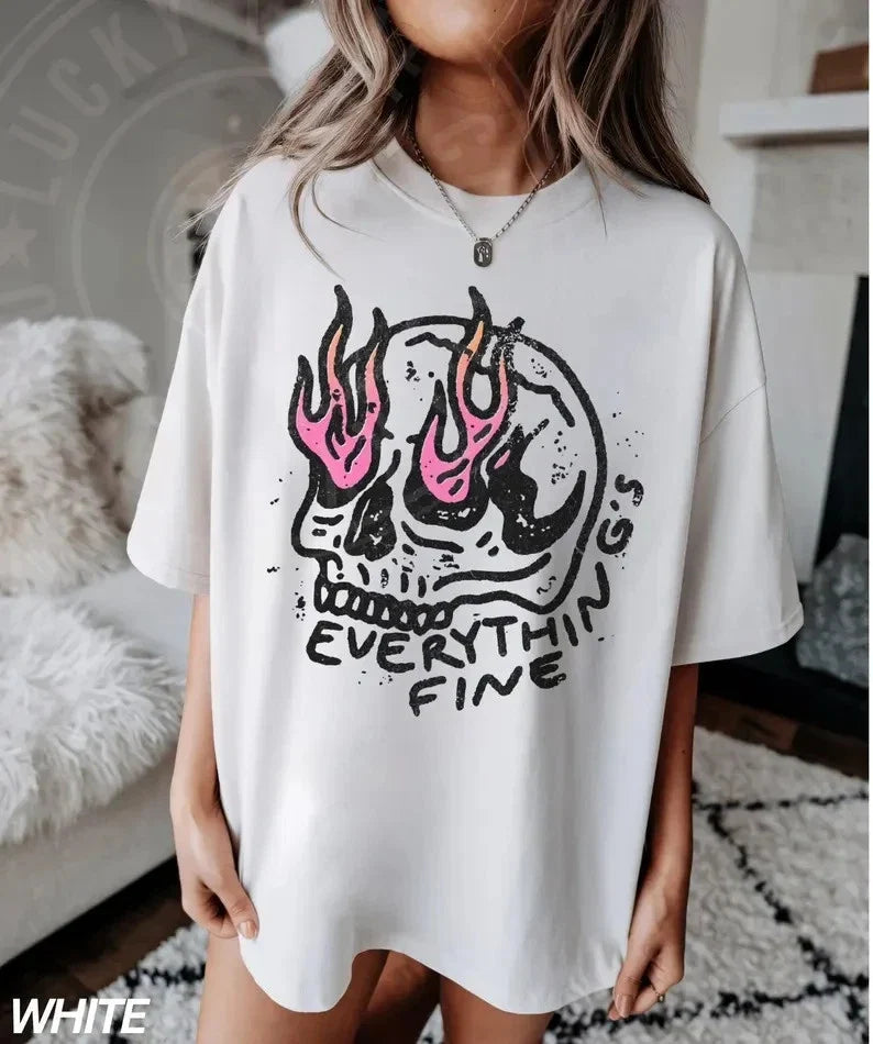 Everything is Fine Shirt, Retro Grunge Shirt, Sarcastic Shirt, Funny Skeleton Unisex T-shirt, Sweatshirt, Hoodie, Long Sleeve Tee - T-Shirt, Sweatshirt, Hoodie