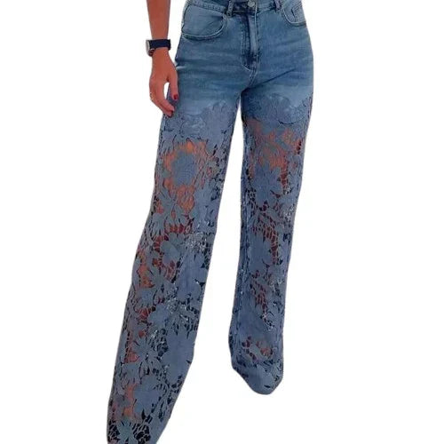 new High Waist Wide Leg Jeans Pants Summer Fashionable Lace Splicing Hollow Out Unisex T-shirt, Sweatshirt, Hoodie, Long Sleeve Tee - T-Shirt, Sweatshirt, Hoodie