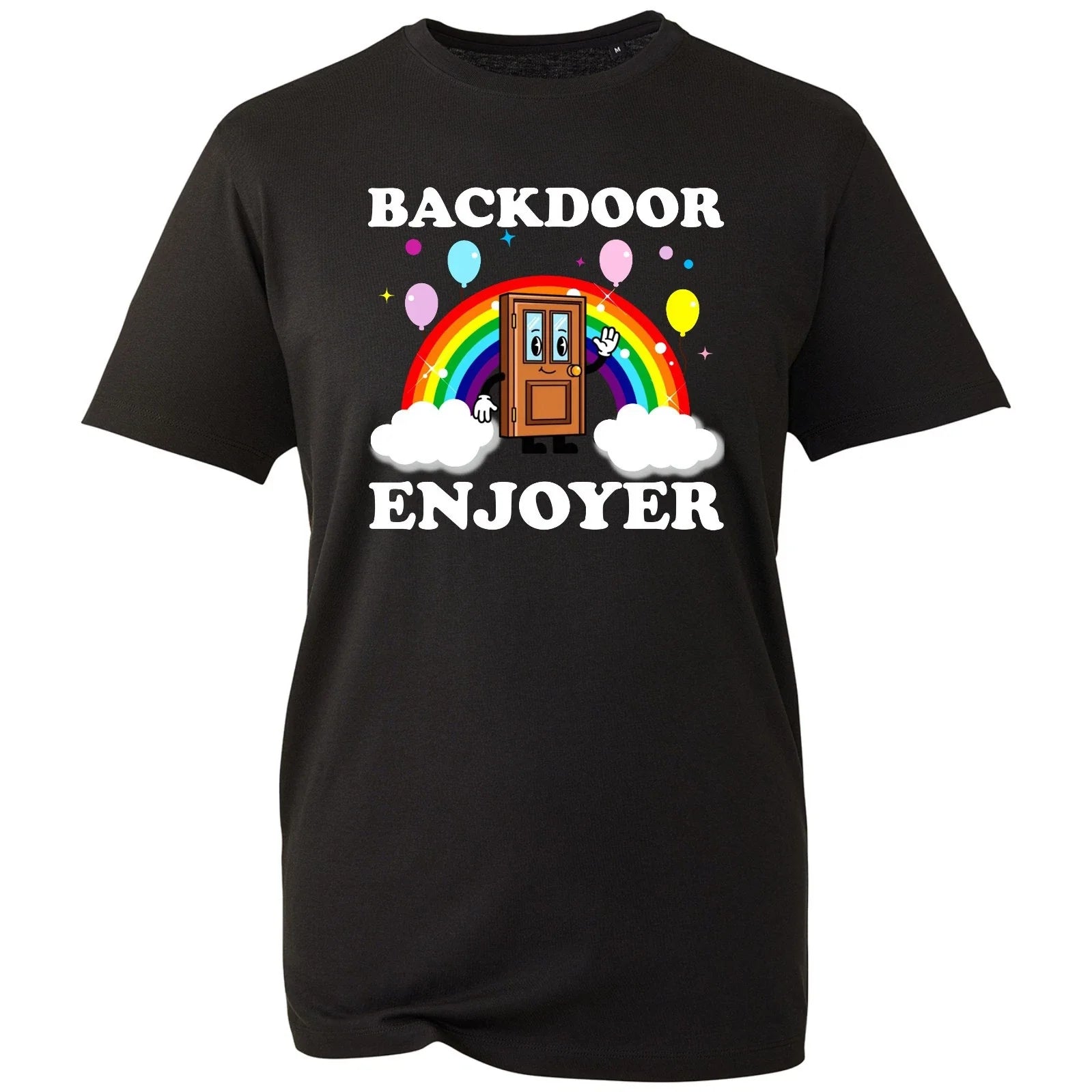 Backdoor Enjoyer Funny Retro Rainbow Graphic Tee Y2K Meme Unisex Black T-Shirt Unisex T-shirt, Sweatshirt, Hoodie, Long Sleeve Tee - T-Shirt, Sweatshirt, Hoodie