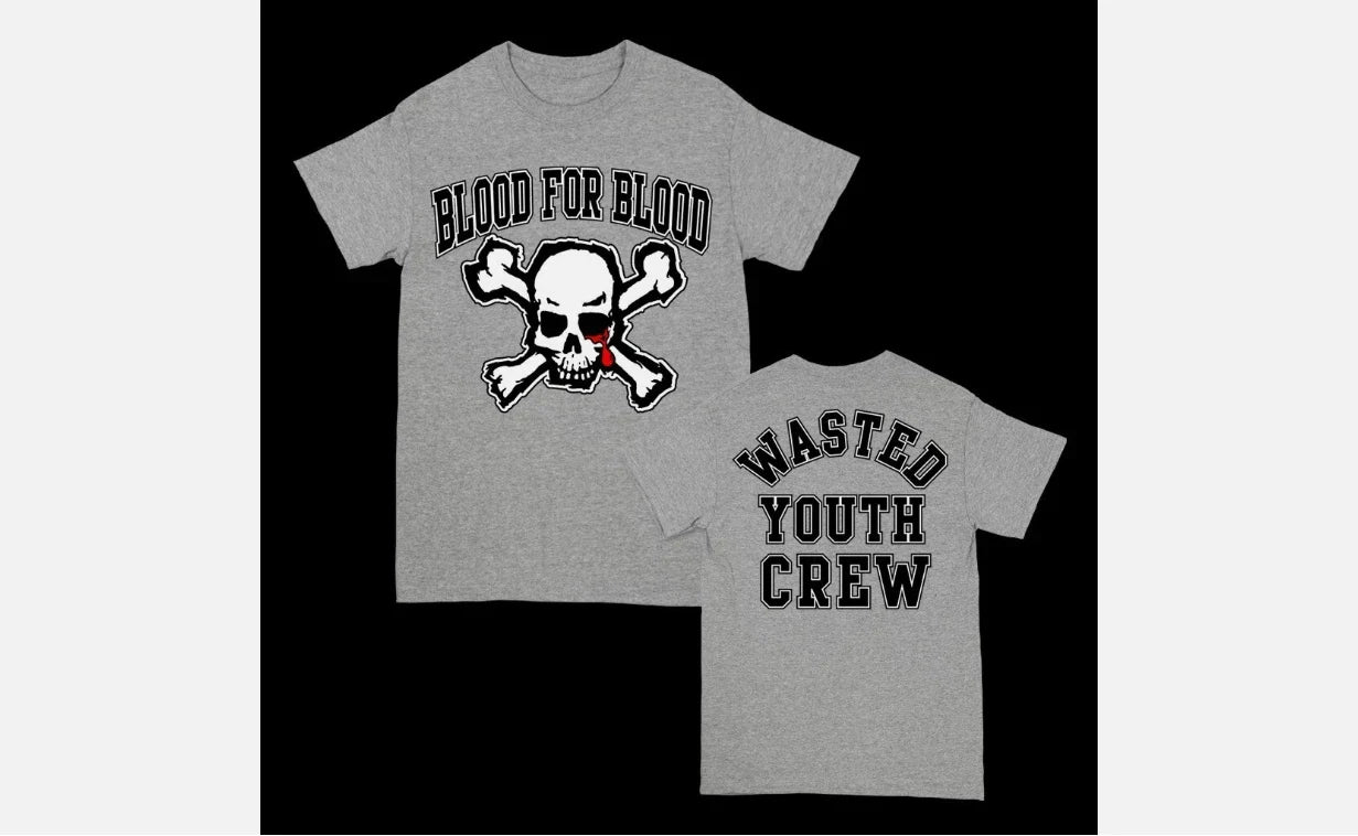 BLOOD FOR BLOOD VARSITY SKULL TEE 2SIDE GRAY COLOR SHIRT Unisex T-shirt, Sweatshirt, Hoodie, Long Sleeve Tee - T-Shirt, Sweatshirt, Hoodie