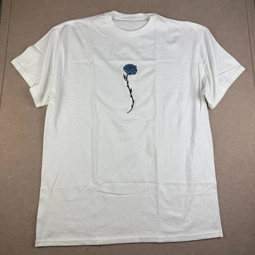 Embroidered Blue Rose Tee Mens L White Floral Streetwear Graphic Shirt Unisex T-shirt, Sweatshirt, Hoodie, Long Sleeve Tee - T-Shirt, Sweatshirt, Hoodie