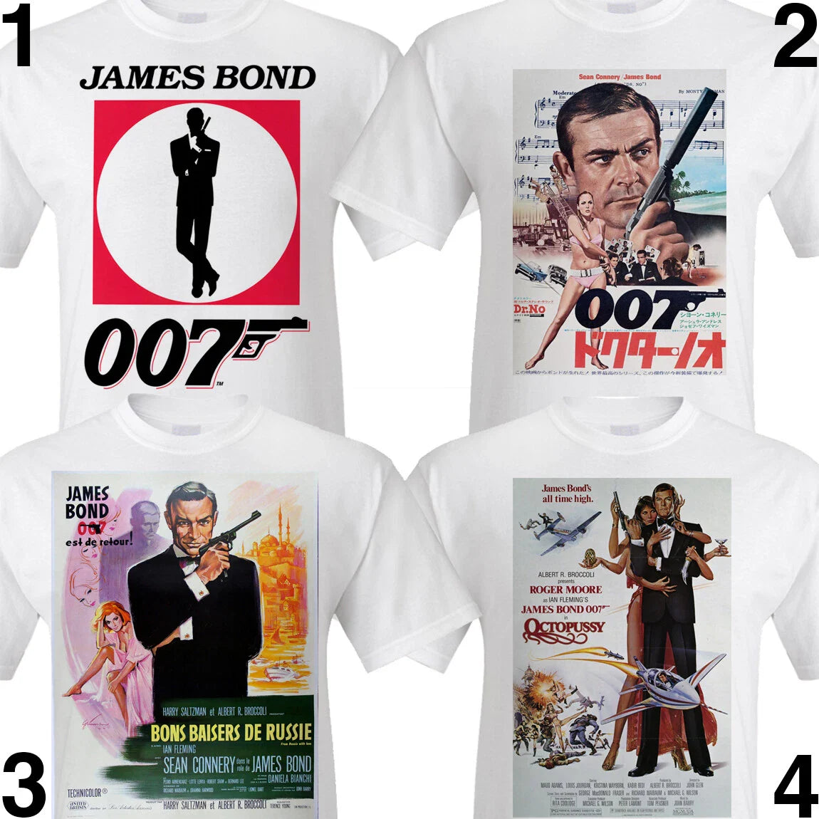 James Bond 007 vintage style. Sean Connery, Roger Moore Octopussy, 1960s/70s/80s Unisex T-shirt, Sweatshirt, Hoodie, Long Sleeve Tee - T-Shirt, Sweatshirt, Hoodie