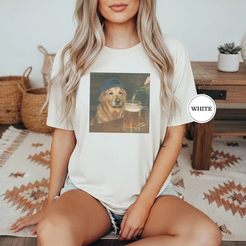 Funny Golden Retriever Drinking Beer Shirt, Dog Meme Graphic Tee, Silly Novelty Unisex T-shirt, Sweatshirt, Hoodie, Long Sleeve Tee - T-Shirt, Sweatshirt, Hoodie