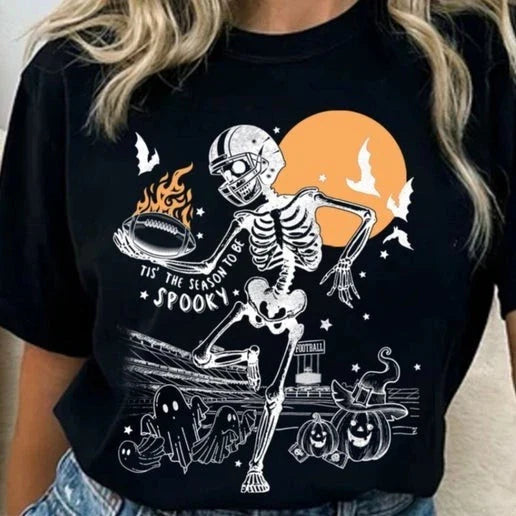 Spooky Skeleton Football Graphic T-Shirt- Small Unisex T-shirt, Sweatshirt, Hoodie, Long Sleeve Tee - T-Shirt, Sweatshirt, Hoodie