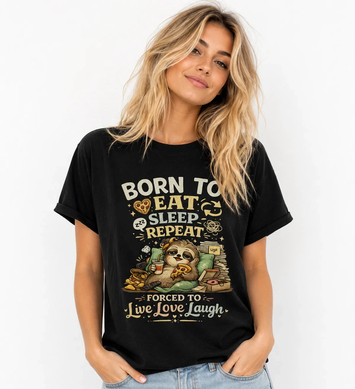 Born To Eat Sleep Repeat Sloth T-Shirt | Cute Funny Lazy Animal Tee Unisex Unisex T-shirt, Sweatshirt, Hoodie, Long Sleeve Tee - T-Shirt, Sweatshirt, Hoodie