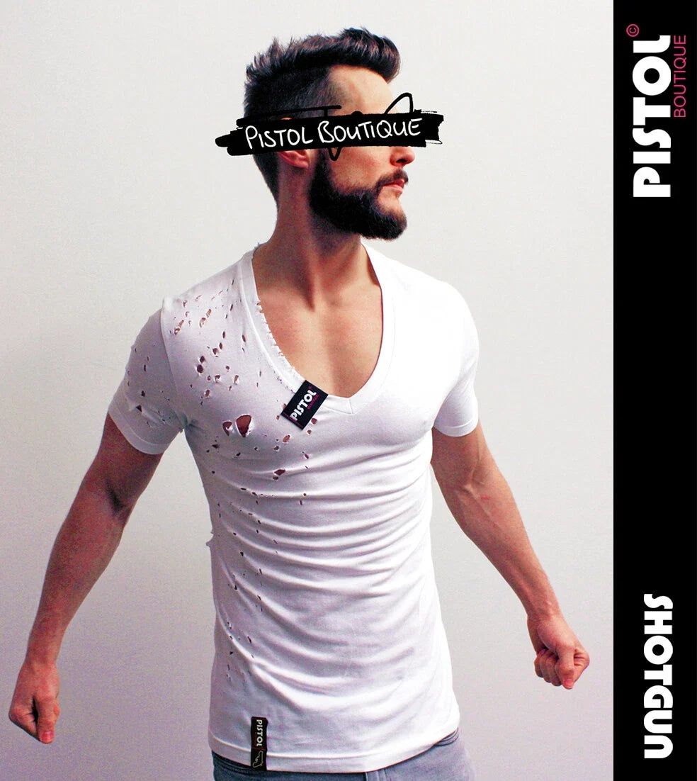 Pistol Boutique men's Fitted White Deep V neck SHOTGUN Distressed Holed T-shirt Unisex T-shirt, Sweatshirt, Hoodie, Long Sleeve Tee - T-Shirt, Sweatshirt, Hoodie
