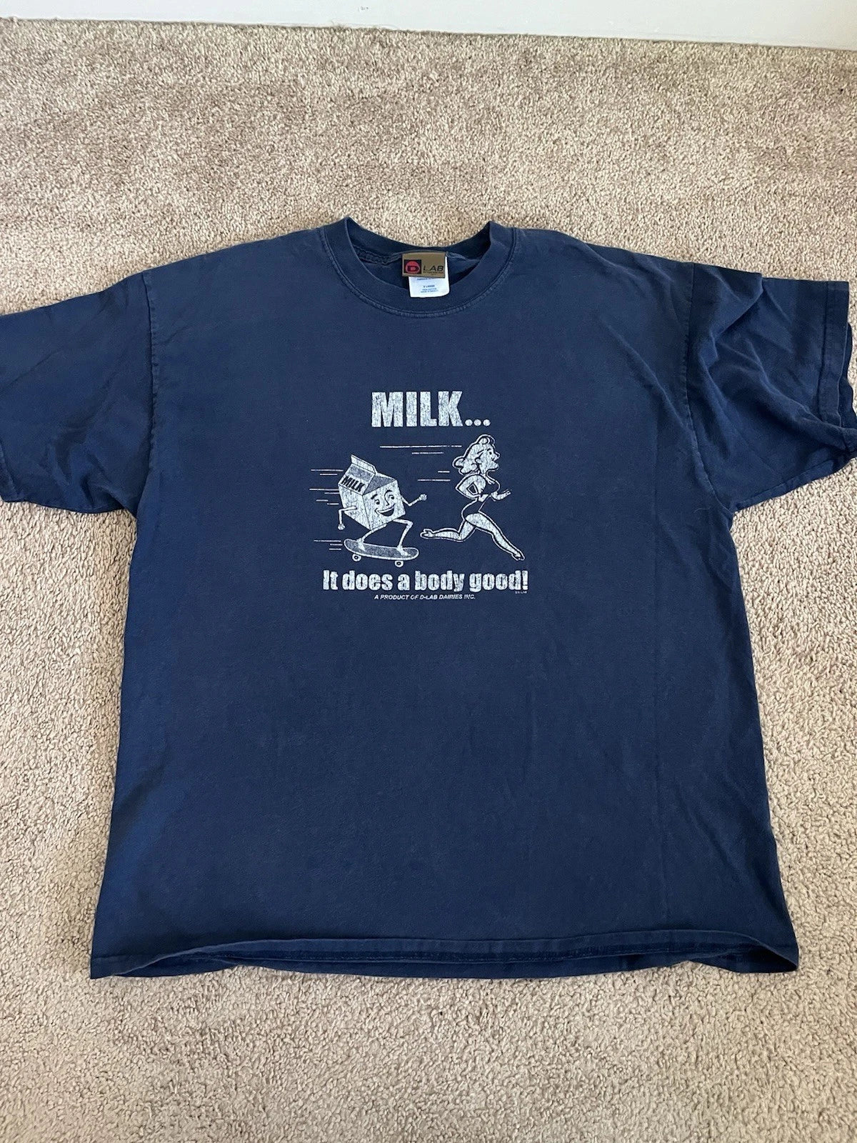 VTG Milk Skateboard Shirt D-Lab Dairies Mens XL Y2K Skate Blue Short Sleeve Unisex T-shirt, Sweatshirt, Hoodie, Long Sleeve Tee - T-Shirt, Sweatshirt, Hoodie