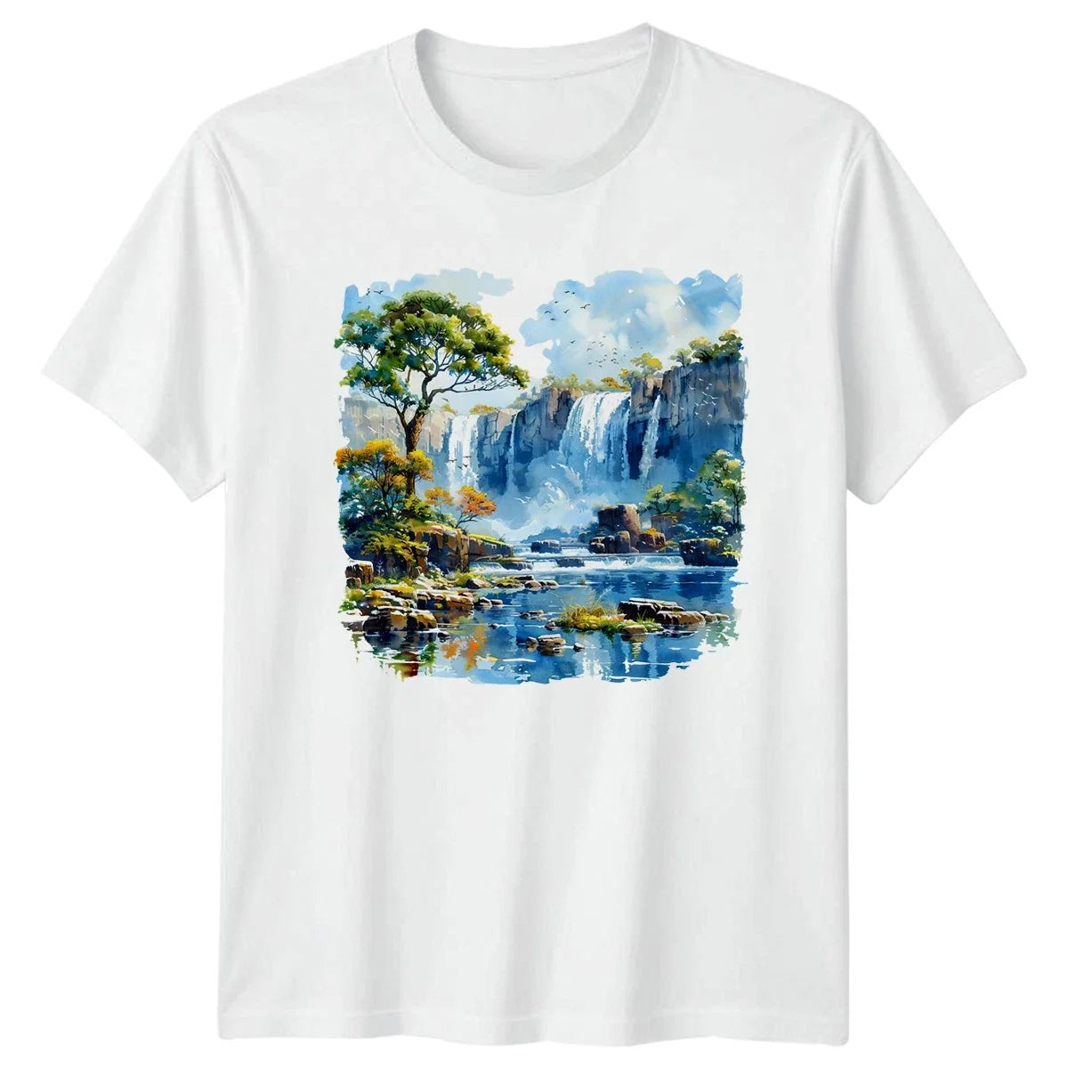 Watercolor Waterfall Landscape Nature Mens T-Shirt Womens Tee Graphic Unisex Top Unisex T-shirt, Sweatshirt, Hoodie, Long Sleeve Tee - T-Shirt, Sweatshirt, Hoodie