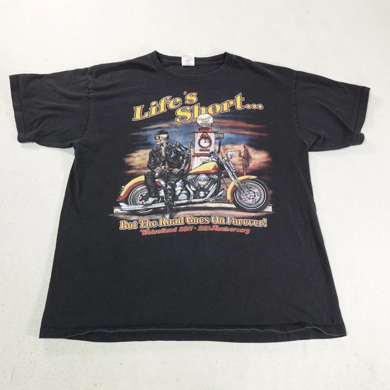 Y2K Biker Shirt Mens Extra Large Black Skeleton Skull Lifes Short Road Is Long T Unisex T-shirt, Sweatshirt, Hoodie, Long Sleeve Tee - T-Shirt, Sweatshirt, Hoodie